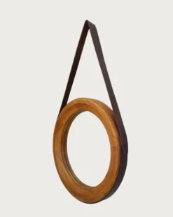 Brio - miroir rond pour salle de bain en bois et lanière en cuir