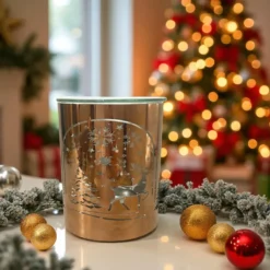 Brûle-parfum métal cuivré – motif arche de noël laser – coupelle verre 50 ml