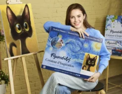Broderie diamant en bois chat étonné