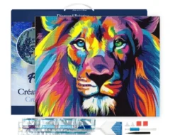 Broderie diamant en bois lion pop art