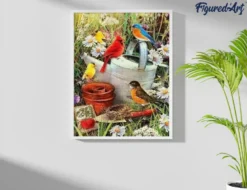 Broderie diamant oiseaux dans le jardin