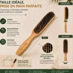 Brosse cheveux double action, poils de sanglier et picots nylon, manche bambou