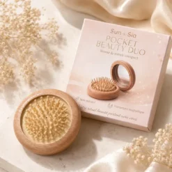 Brosse à cheveux et miroir de poche 2-en-1, bois naturel, 8 cm, magnétique