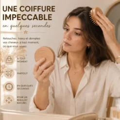 Brosse à cheveux et miroir de poche 2-en-1, bois naturel, 8 cm, magnétique