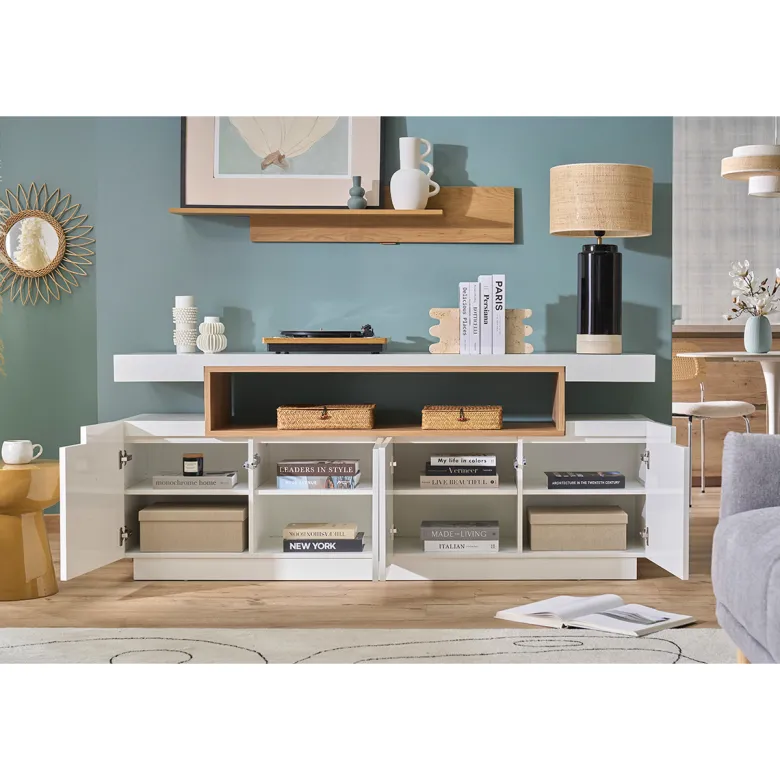 Buffet blanc laqué brillant et bois 4 portes l180 cm livo