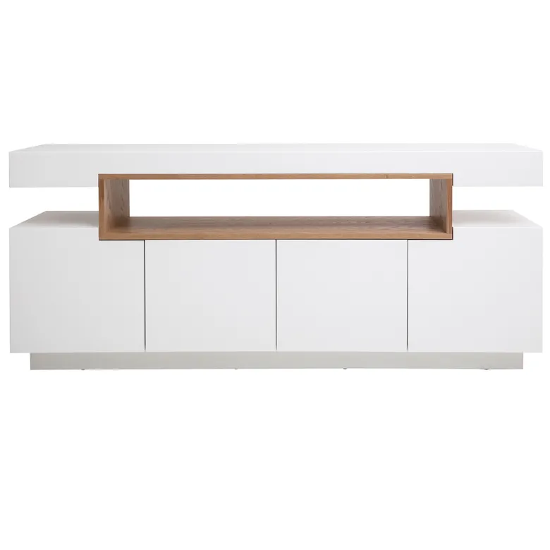 Buffet blanc laqué brillant et bois 4 portes l180 cm livo
