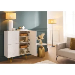 Buffet haut gravé blanc mat et métal doré 4 portes l86 cm ozen