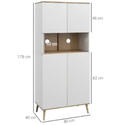 Buffet haut 4 portes 3 étagères grande niche bois pin blanc effet chêne clair