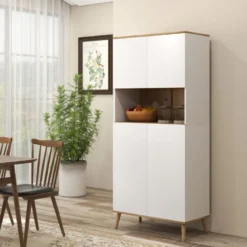 Buffet haut 4 portes 3 étagères grande niche bois pin blanc effet chêne clair