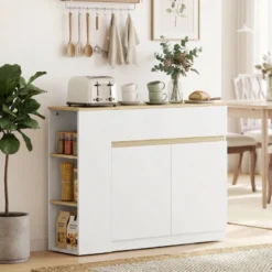 Buffet 2 portes étagère tiroir 3 niches blanc aspect chêne clair