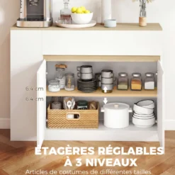 Buffet 2 portes étagère tiroir 3 niches blanc aspect chêne clair
