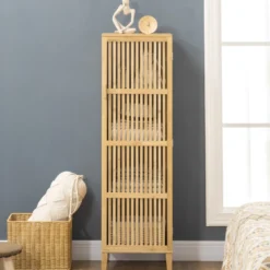 Buffet rangement porte 3 étagères bois de bambou verni