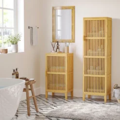 Buffet rangement porte 3 étagères bois de bambou verni