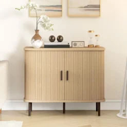 Buffet style scandinave 2 portes coulissantes acier noir aspect bois clair