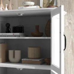 Buffet vitrine 4 portes 2 étagères style contemporain blanc