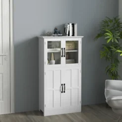 Buffet vitrine 4 portes 2 étagères style contemporain blanc