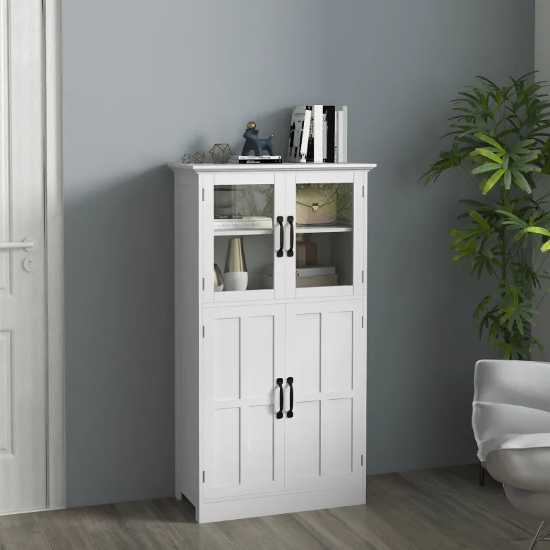 Buffet vitrine 4 portes 2 étagères style contemporain blanc