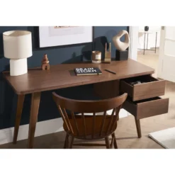 Bureau avec rangements 2 tiroirs bois foncé noyer l140 cm fifties