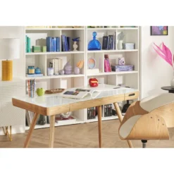 Bureau connecté multimédia avec tiroir en verre et bois clair l120 cm clever