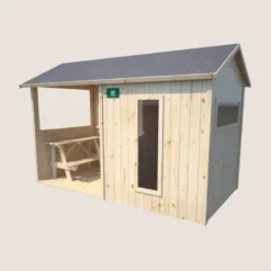 Cabane en bois avec préau et table de je