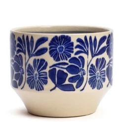 Cache-pot en céramique fleurs bleu 16 cm