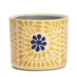Cache-pot en céramique fleurs jaune 11 cm