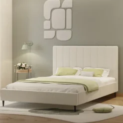Cambridge lit bouclette 160x200cm beige avec tête de lit et sommier