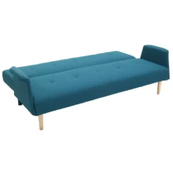 Canapé convertible 3 places en tissu bleu canard et bois clair oscar