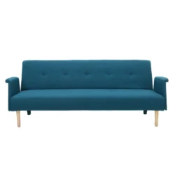 Canapé convertible 3 places en tissu bleu canard et bois clair oscar