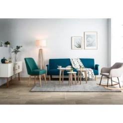 Canapé convertible 3 places en tissu bleu canard et bois clair oscar