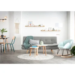 Canapé convertible 3 places en tissu bleu canard et bois clair senso