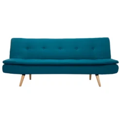 Canapé convertible 3 places en tissu bleu canard et bois clair senso