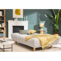 Canapé convertible 3 places en tissu gris clair et bois clair yumi