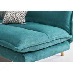 Canapé convertible 3 places en tissu chenille bleu canard et bois clair bingo