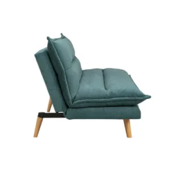 Canapé convertible 3 places en tissu chenille bleu canard et bois clair bingo