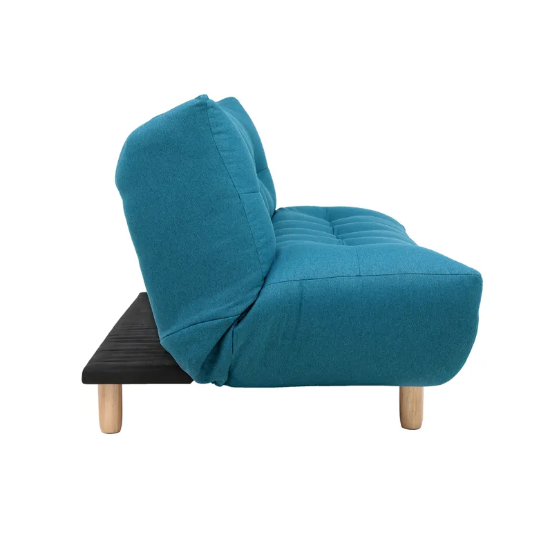 Canapé convertible 3 places en tissu bleu canard et bois clair yumi