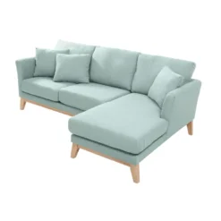 Canapé d'angle droit déhoussable 4 places en tissu vert lagon et bois clair oslo