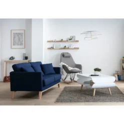 Canapé déhoussable 3 places en tissu bleu foncé et bois clair oslo