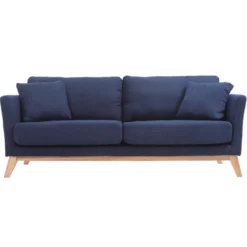 Canapé déhoussable 3 places en tissu bleu foncé et bois clair oslo