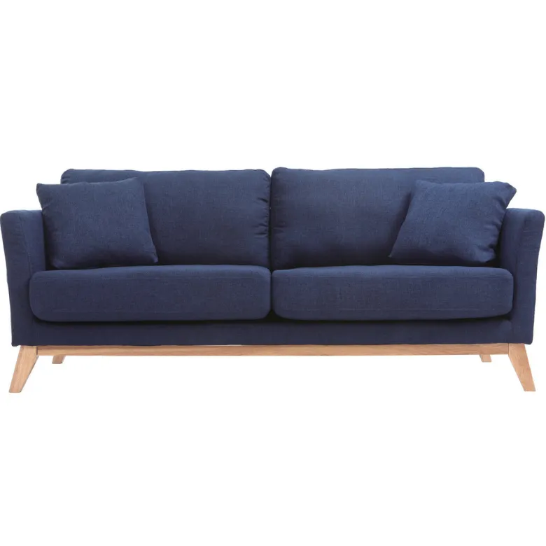 Canapé déhoussable 3 places en tissu bleu foncé et bois clair oslo
