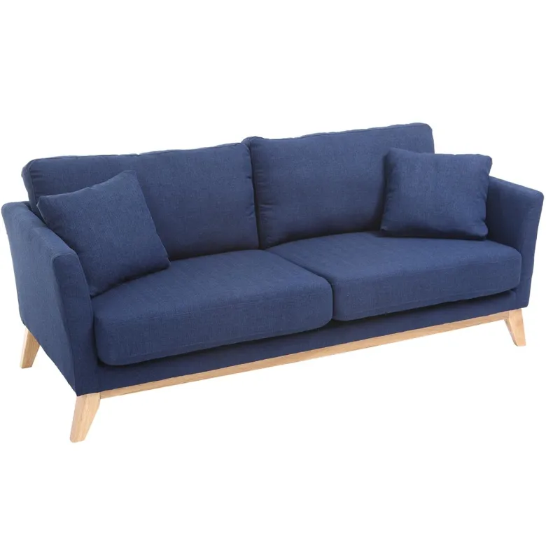 Canapé déhoussable 3 places en tissu bleu foncé et bois clair oslo