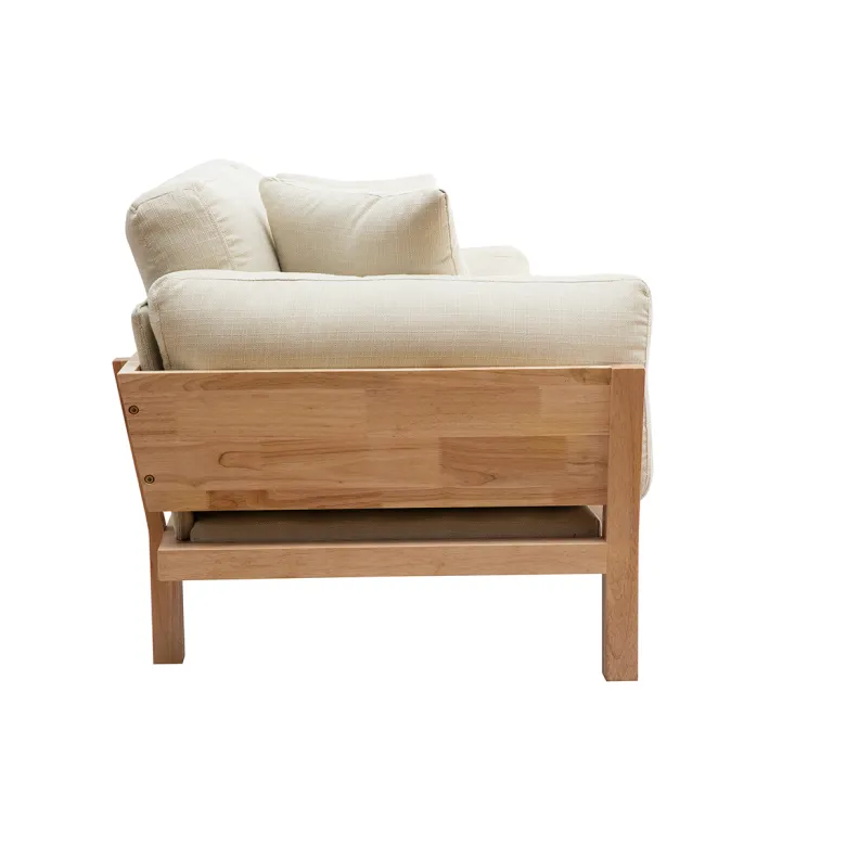 Canapé déhoussable 3 places en tissu blanc crème et bois clair kyo