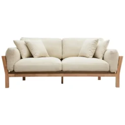 Canapé déhoussable 3 places en tissu blanc crème et bois clair kyo