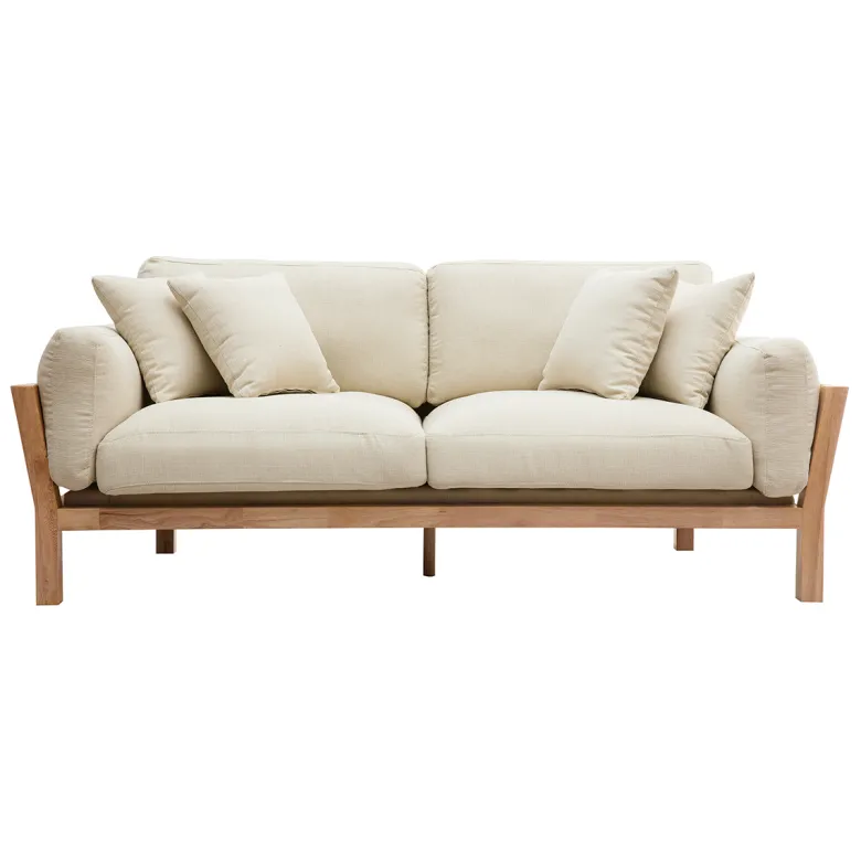 Canapé déhoussable 3 places en tissu blanc crème et bois clair kyo