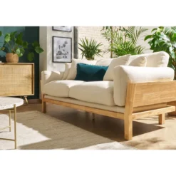 Canapé déhoussable 3 places en tissu blanc crème et bois clair kyo