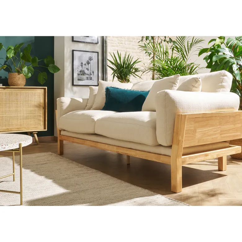 Canapé déhoussable 3 places en tissu blanc crème et bois clair kyo