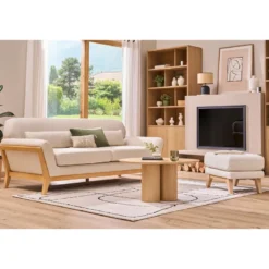 Canapé 3 places en tissu beige et bois clair yoko
