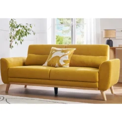 Canapé 3 places en tissu effet velours jaune moutarde et bois clair ektor
