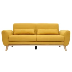 Canapé 3 places en tissu effet velours jaune moutarde et bois clair ektor