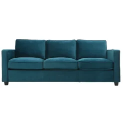 Canapé 3 places en tissu velours bleu pétrole et bois noir brooklyn